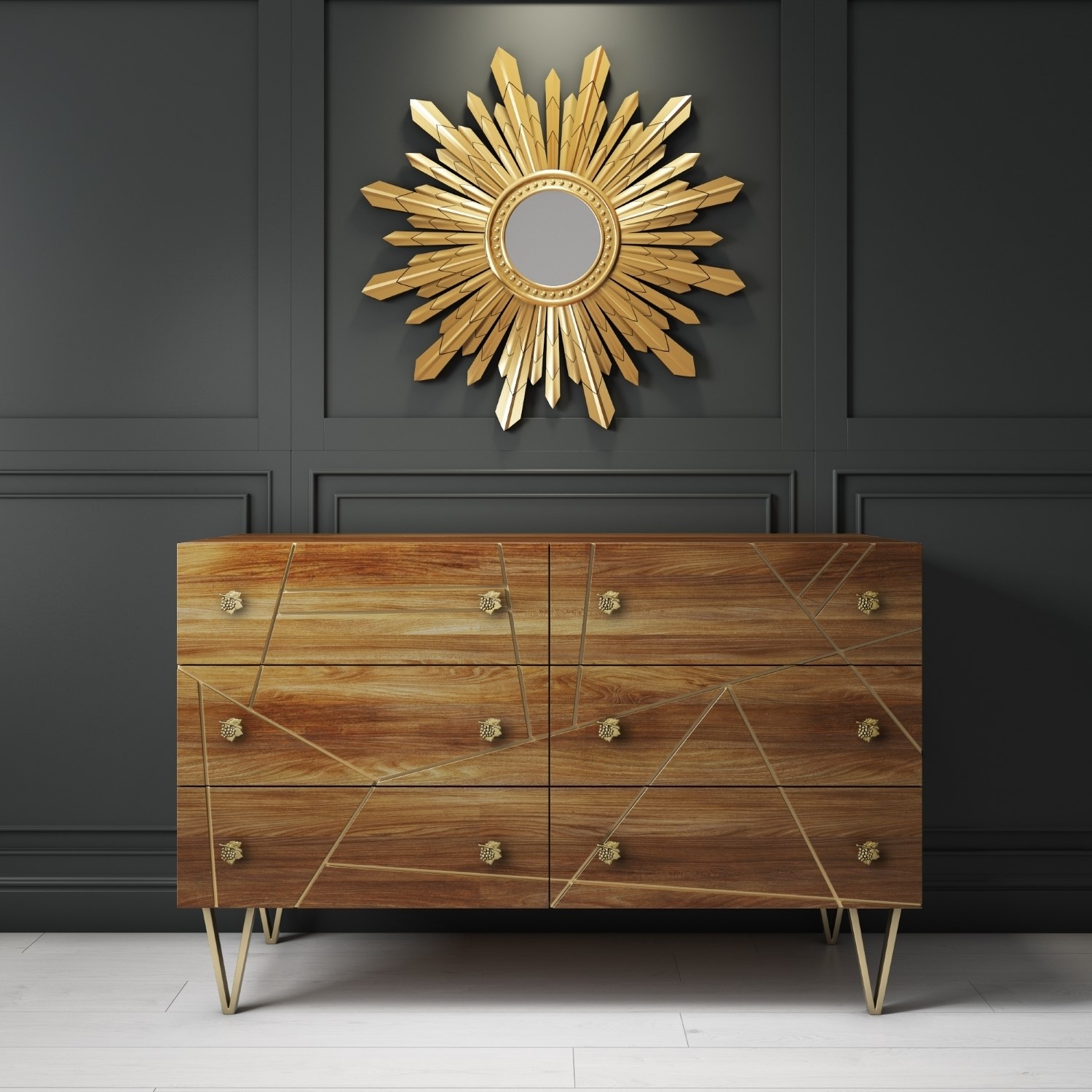 Read more about Wide mango wood chest of 6 drawers with hairpin legs halo